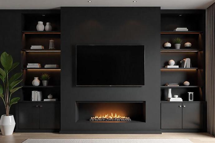 Cinewall met sfeerhaard en meubel