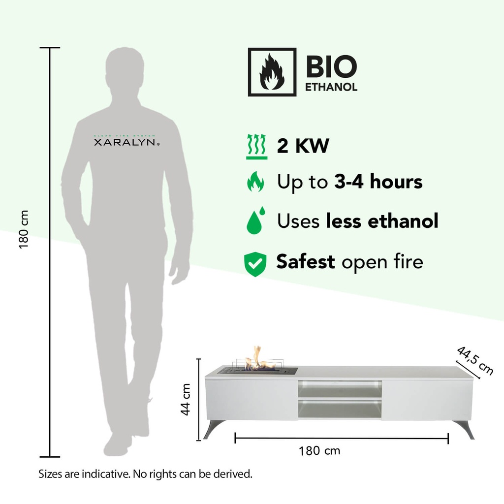 Elin bio-ethanol haard - TV meubel gecombineerd met haard specificaties