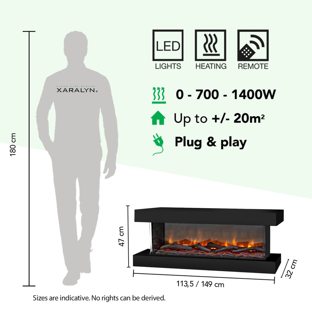 Disegno S 3-zijdige elektrische LED wandhaard specificaties